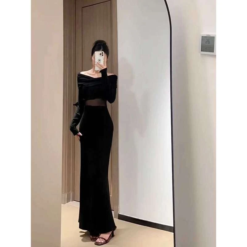 性感露肩长袖网纱拼接连衣裙子女春季气质修身显瘦长款包臀鱼尾裙