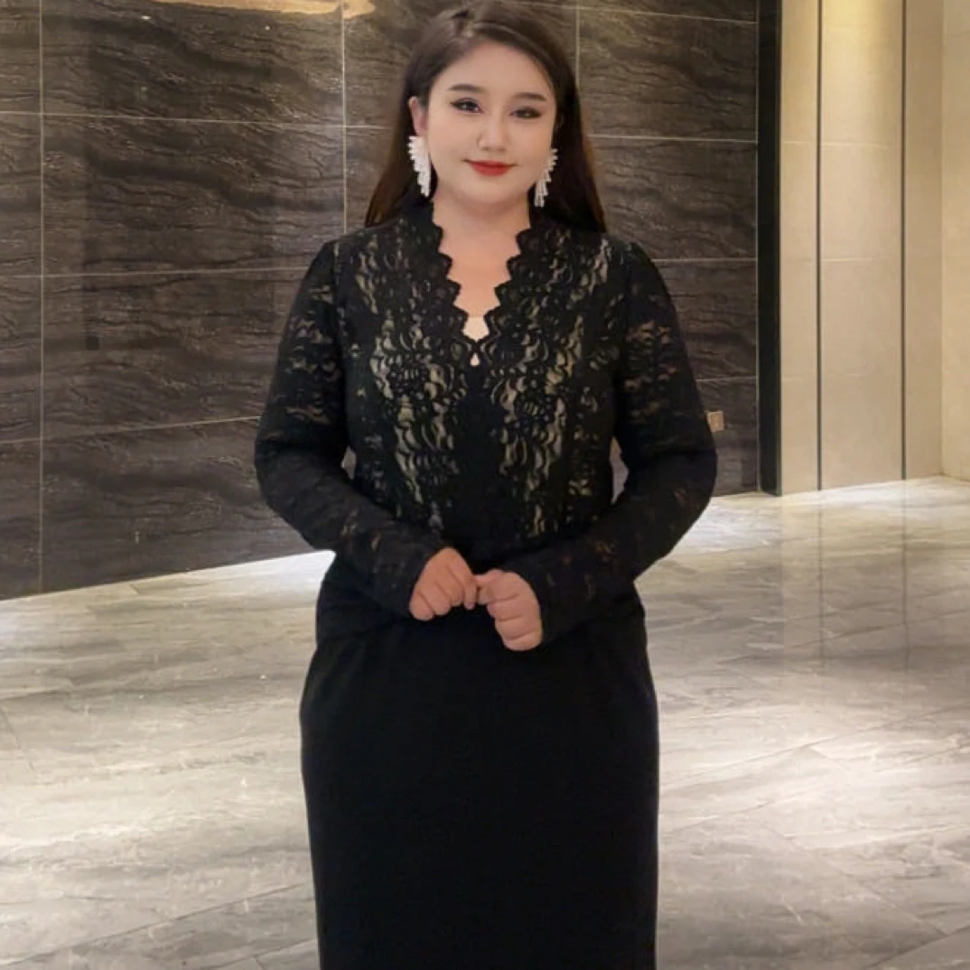 黑色V领蕾丝长袖修身显瘦秋冬洋气内搭打底衫1346