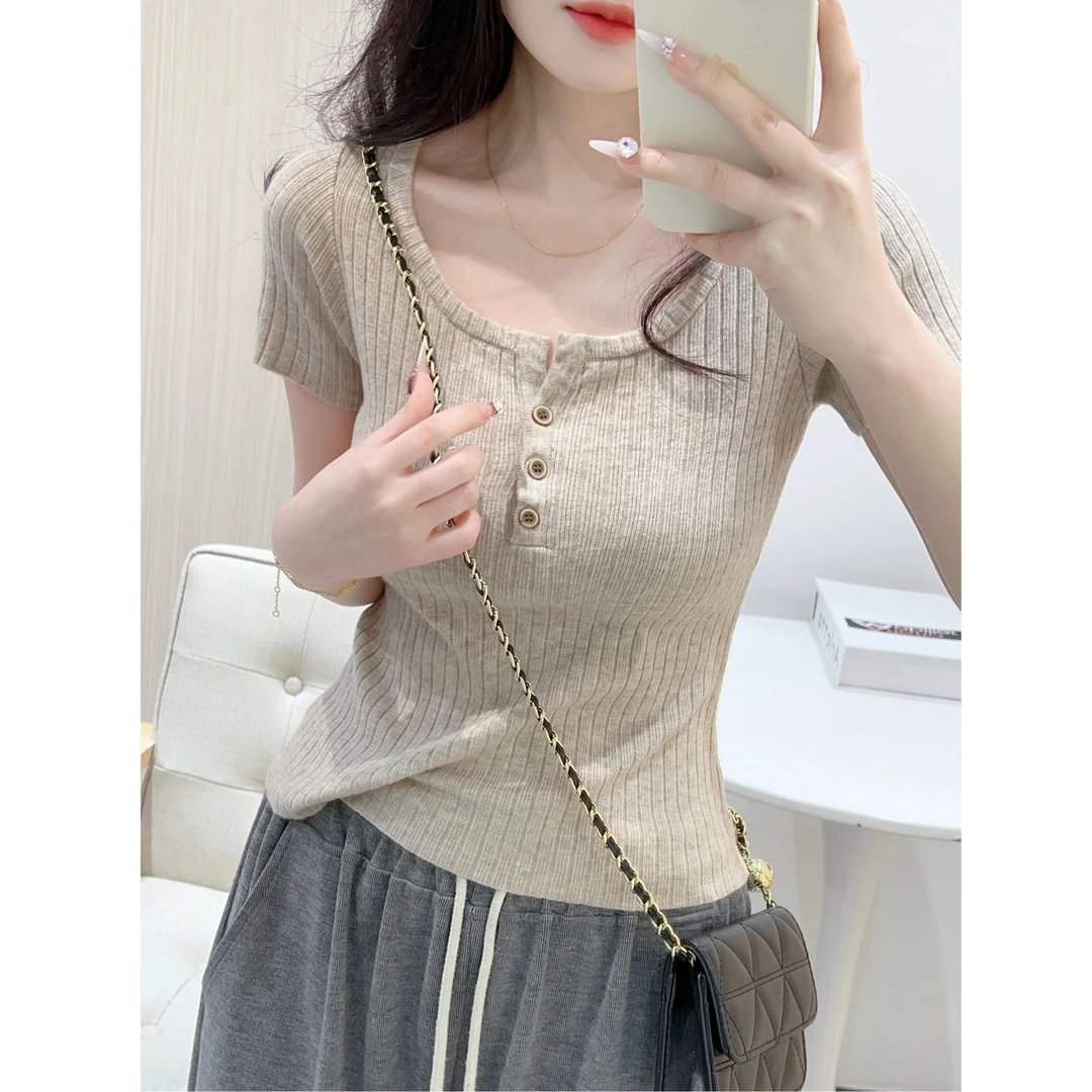 方领纽扣短袖针织衫女秋夏季修身设计感小个子短款T恤打底衫上衣