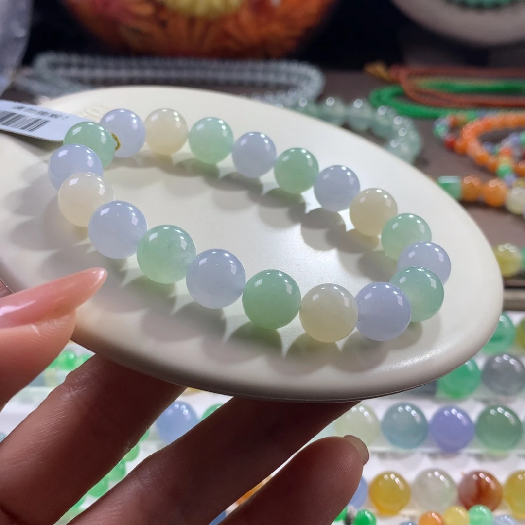 翡翠未镶嵌手链胶润细腻梦幻三彩卡10