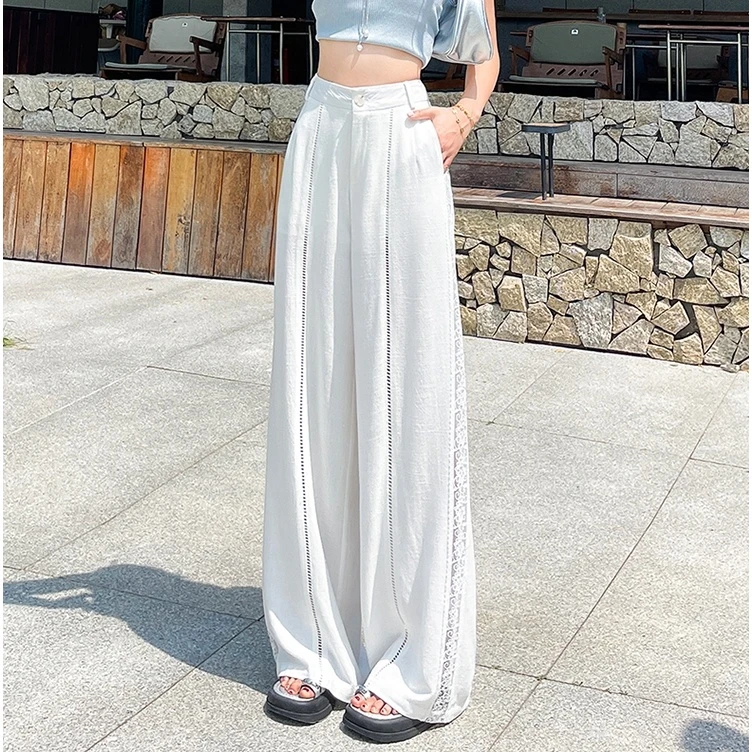 2025新款百搭侧边蕾丝拼接薄款显瘦清冷阔腿休闲拖地长裤子