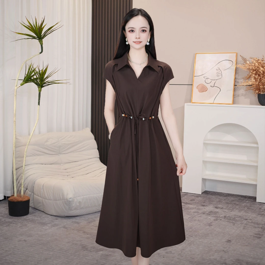 短袖连衣裙显瘦气质长裙夏季中长裙法式收腰高腰时尚中长款名媛