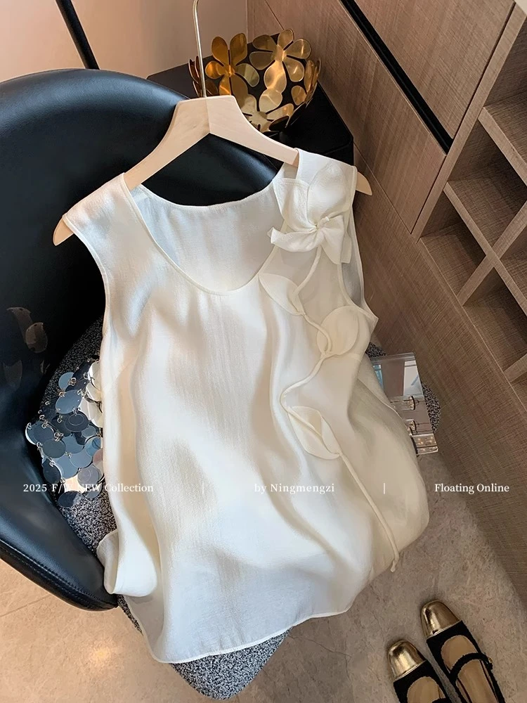 法式重工立体花朵无袖衬衫背心女2025夏季小众设计感气质百搭上衣