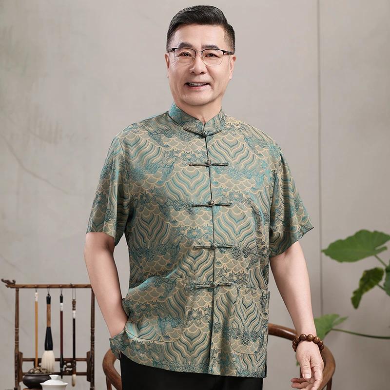 【高端莱赛尔天丝】恒源祥集团彩羊中老年唐装薄款短袖套装爸爸父亲