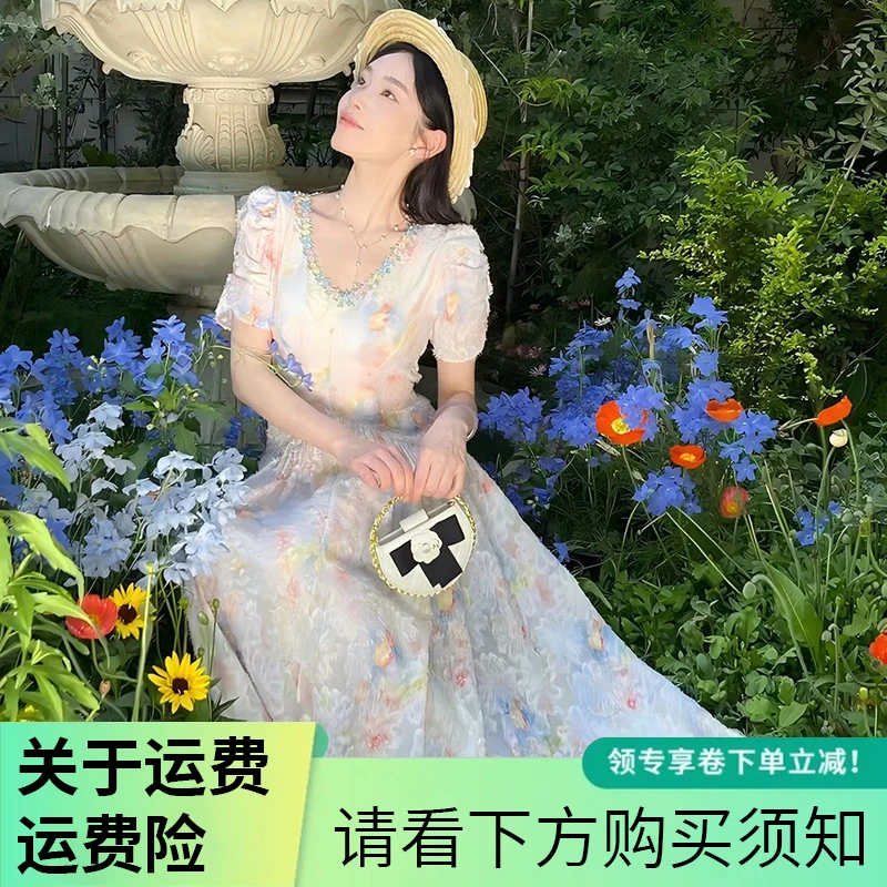 夏装长裙收腰新款高级夏季短袖法式气质绑带连衣裙时尚方领泡泡袖