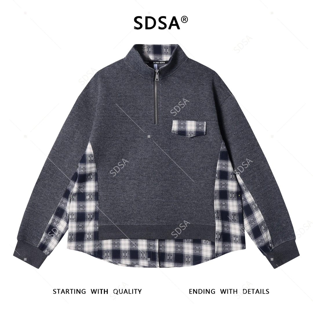 SDSA男士秋冬新款痞帅男装韩版拼接格子半拉链立领卫衣百搭时尚