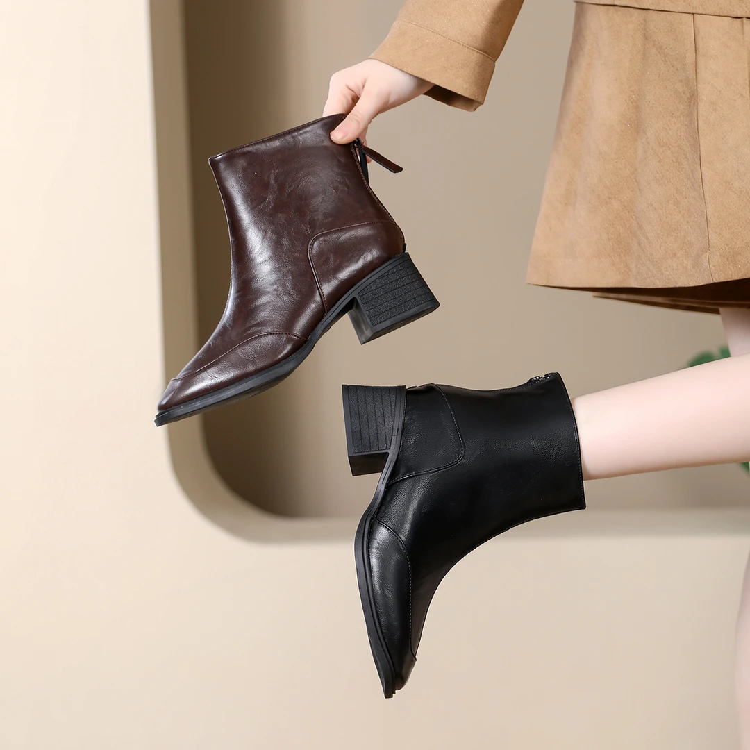 【纤芙森女鞋】5886防水短靴粗跟牛皮瘦瘦靴女靴时尚百搭