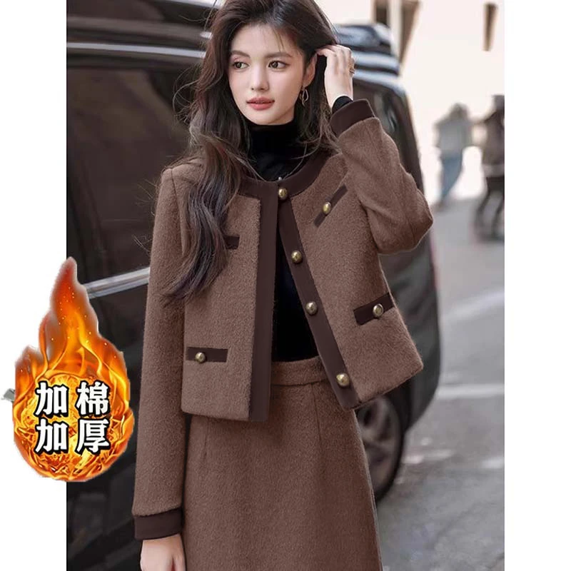 【V】【加棉加厚】【两件套】秋冬小香风毛呢短外套半身裙套装女TX0229