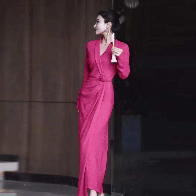 2025年春季优雅气质御姐风穿搭修身包臀显瘦立体花朵玫红色洋装