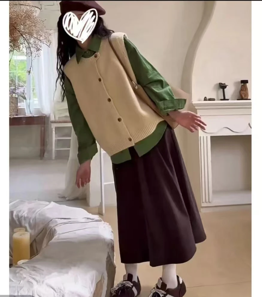 【莹莹推荐】针织马甲小绿背心衬衫半身裙胖mm2025秋季新款