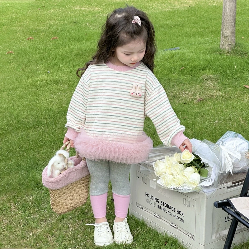 女宝春季套装2025新款女童网纱卫衣打底裤两件套可爱法式条纹兔子