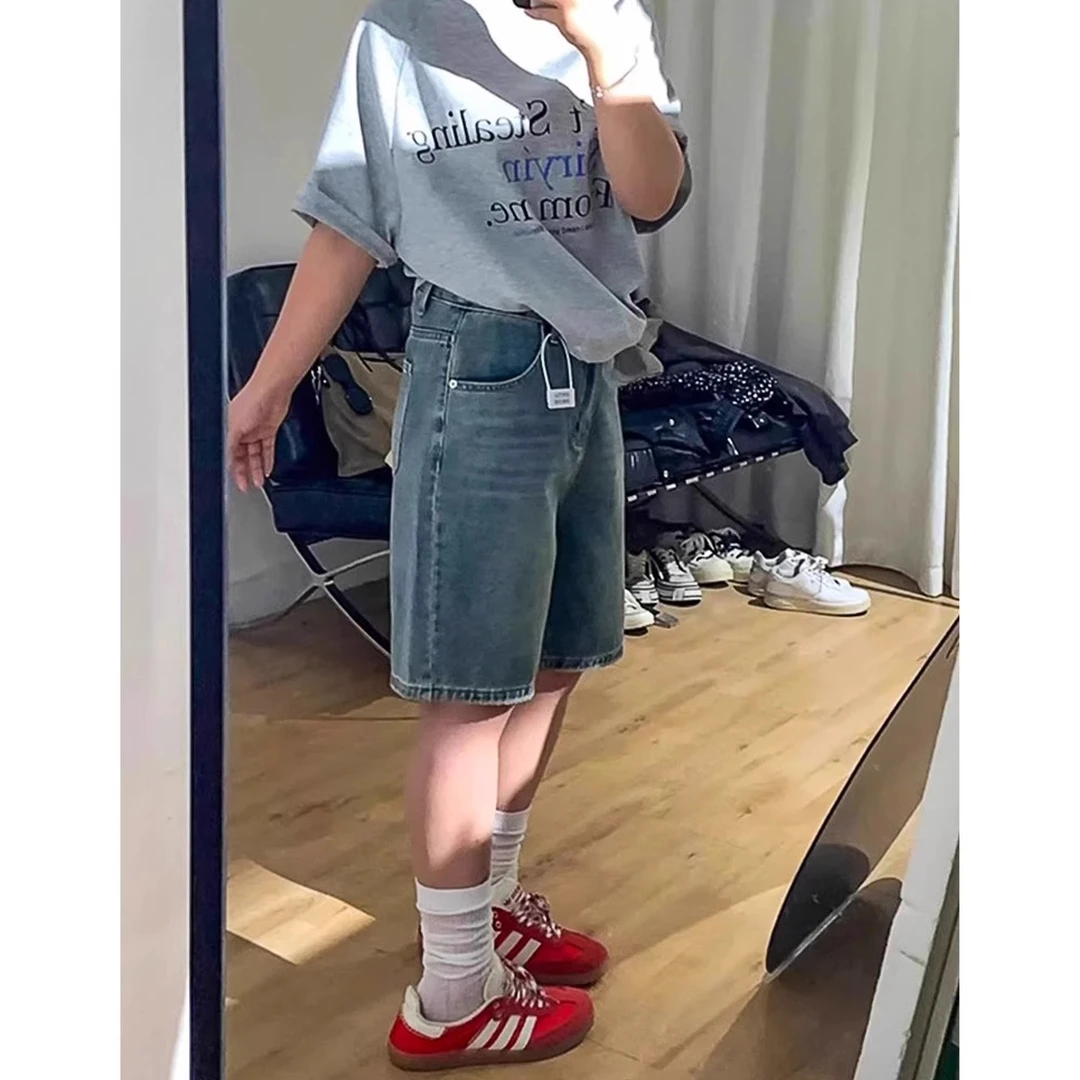 拉夏贝尔蓝色直筒牛仔短裤女秋季网红时尚炸街新款百搭阔腿五分裤