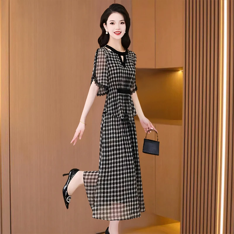 【名典圣王】雪纺连衣裙女夏新款流行高端庄大气质十三行裙子两件套