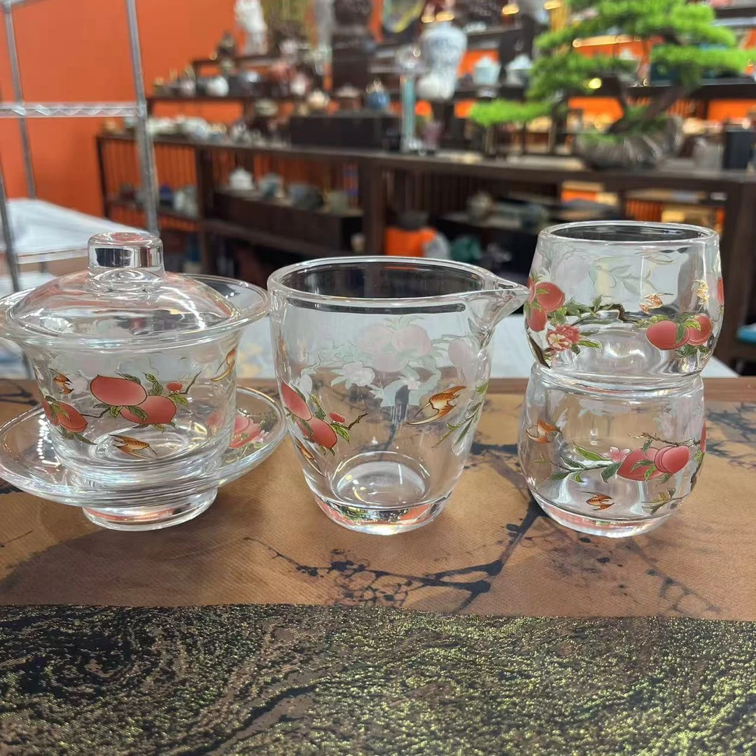 高硼硅玻璃九桃五福盖碗公道茶杯套组