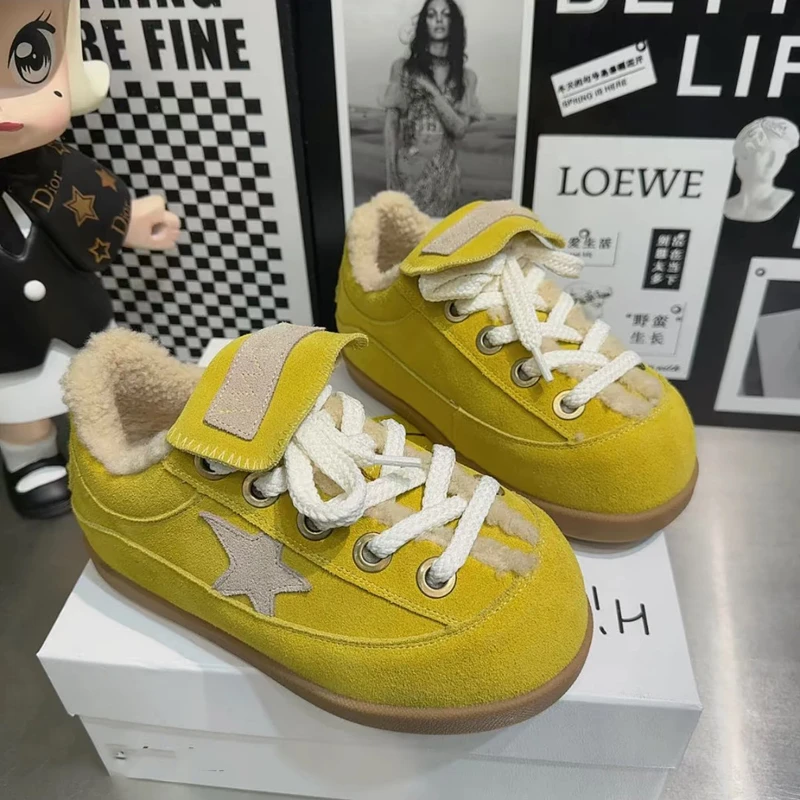 卡皮巴拉翻领丑萌面包女鞋厚底松糕星星加绒百搭系带休闲板鞋棉鞋