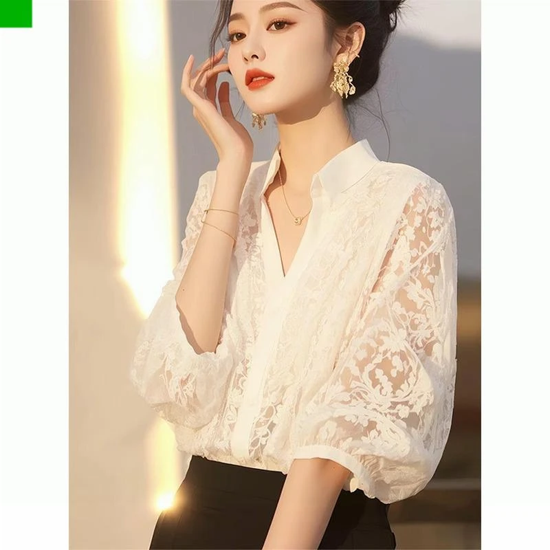 深圳南油高端奢品轻奢高级感白色蕾丝半袖衬衫女夏季绝美V领上衣