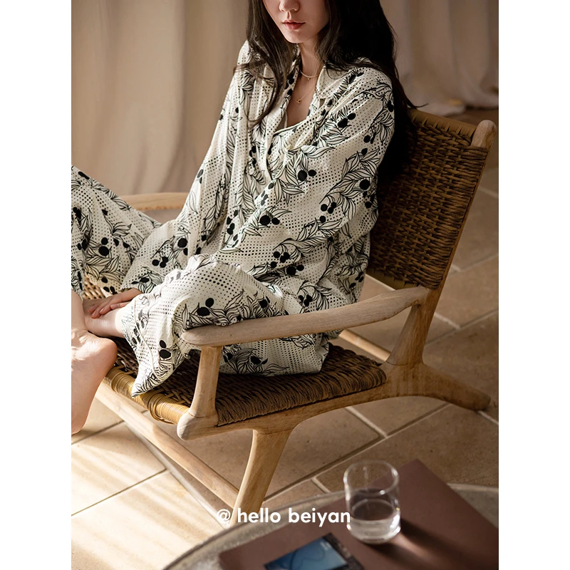 贝妍柔软莫代尔棉长袖睡衣女春秋新款性感开衫家居服大码宽松套装