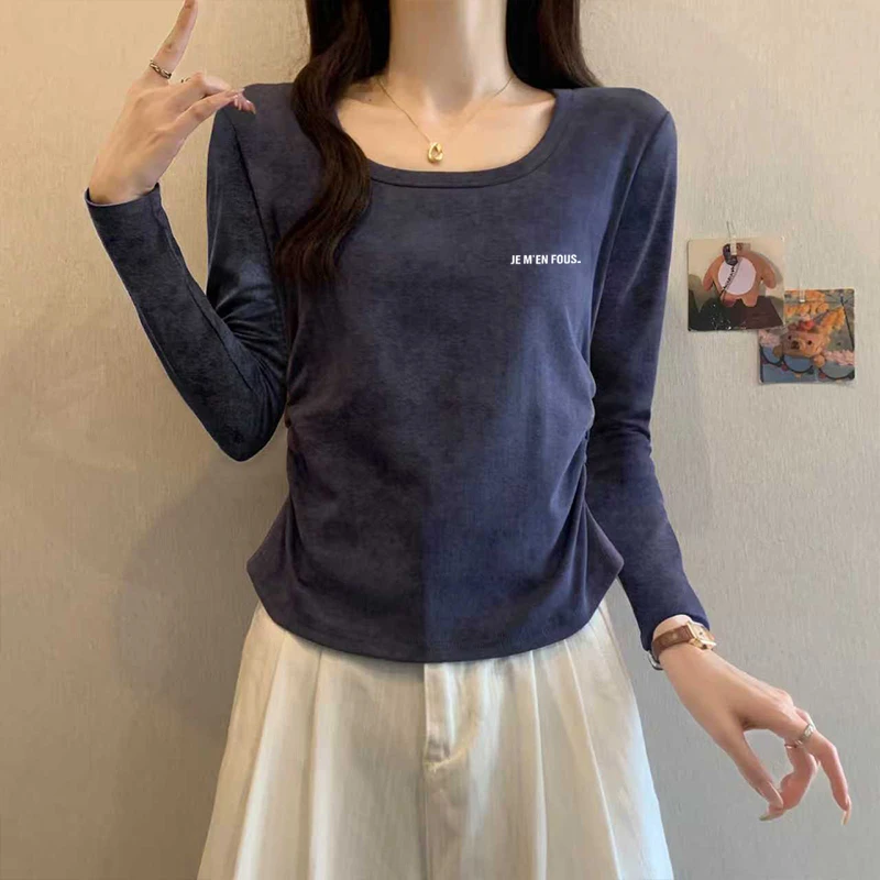 秋季新款正肩扎染方领长袖T恤女收腰显瘦不规则短款打底衫上衣春