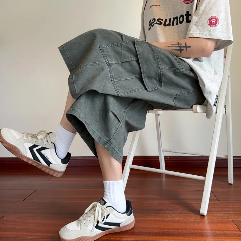 美式伞兵工装短裤男款夏季褶皱设计感阔腿七分裤高街痞帅休闲裤子