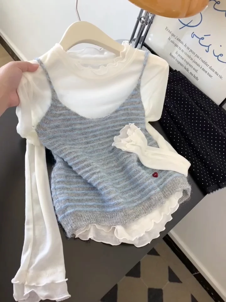 两件套装条纹吊带叠穿木耳边长袖针织衫女2025新款温柔风减龄上衣