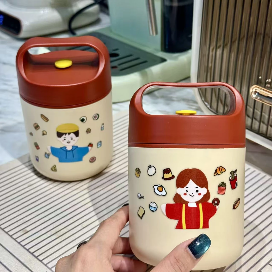 快乐男孩女孩手提款食品级不锈钢早餐杯粥杯燕麦杯短途保温饭盒