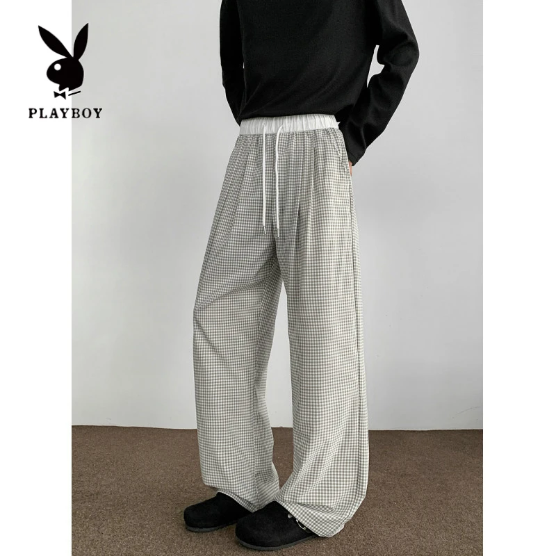 花花公子子高弹冰丝格子裤男秋季薄款美式垂感松弛感裤休闲直筒裤