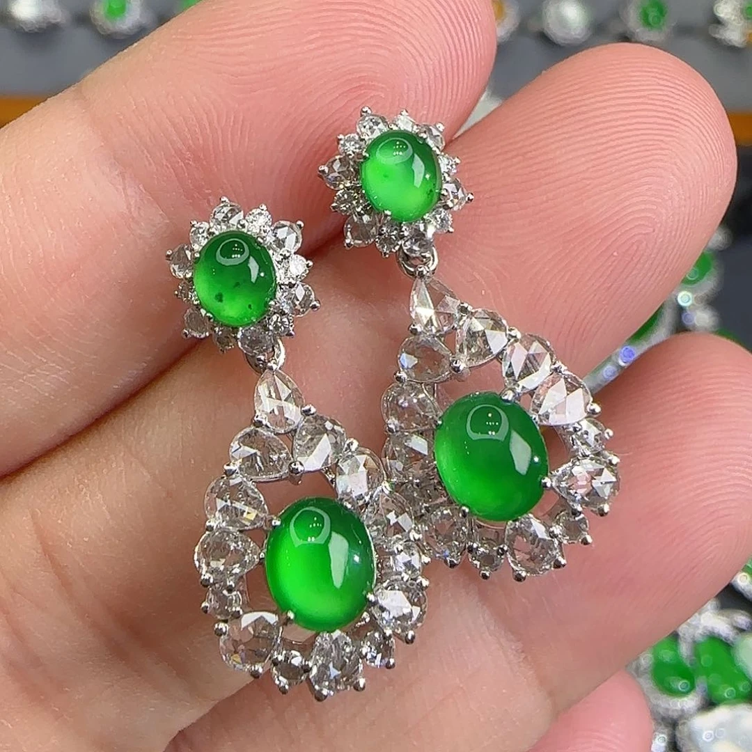 翡翠18K金镶嵌耳饰天然翡翠