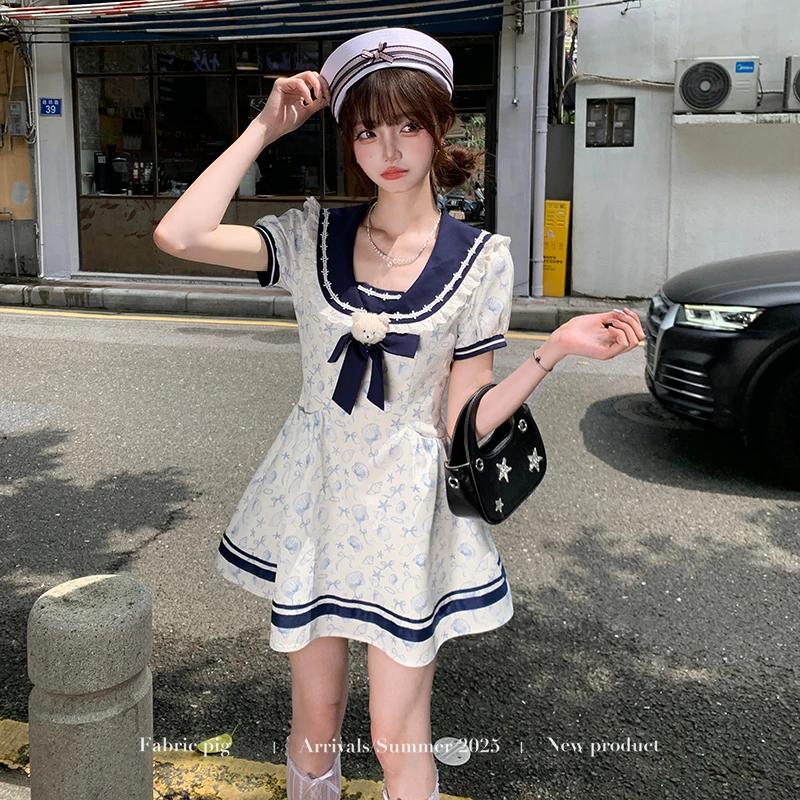盐系少女 织物猪原创 学院风海军领短袖连衣裙女夏季收腰印花短裙