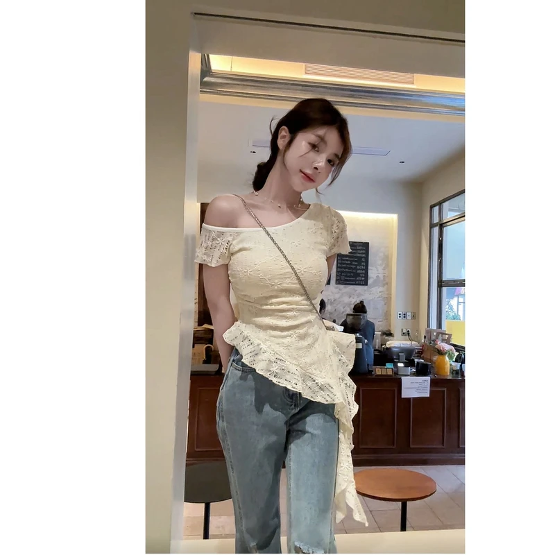 韩国东大门荷叶边斜领蕾丝法式性感