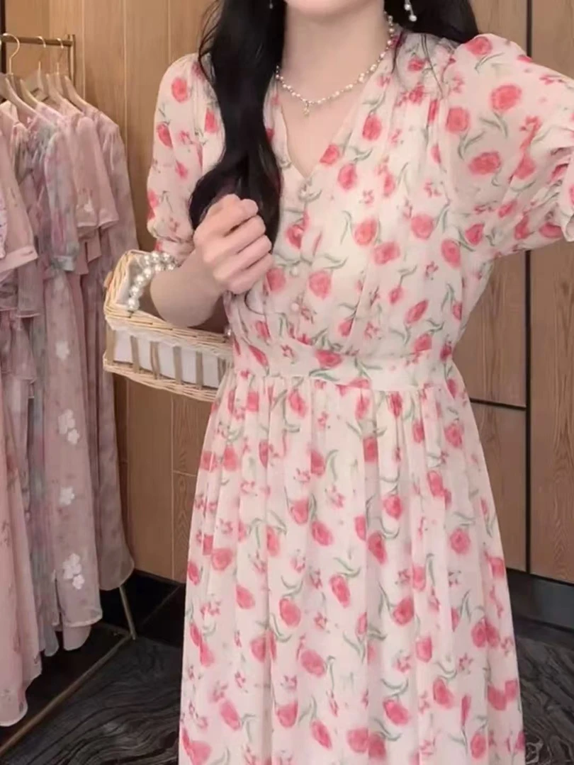 夏季印花中长裙V领显瘦连衣裙优雅气质城市游牧风碎花