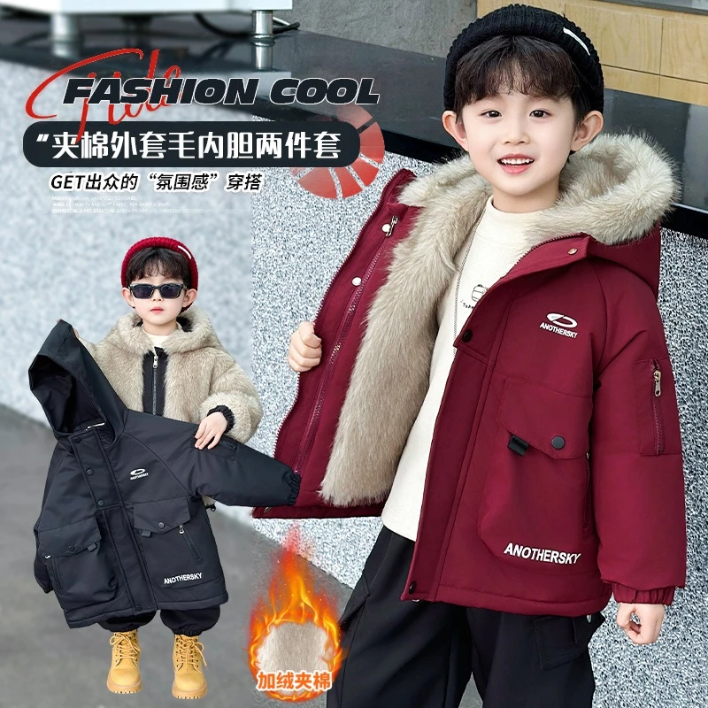 男童冬季夹棉加绒加厚毛领派克服儿童中小童二合一可拆卸保暖夹克