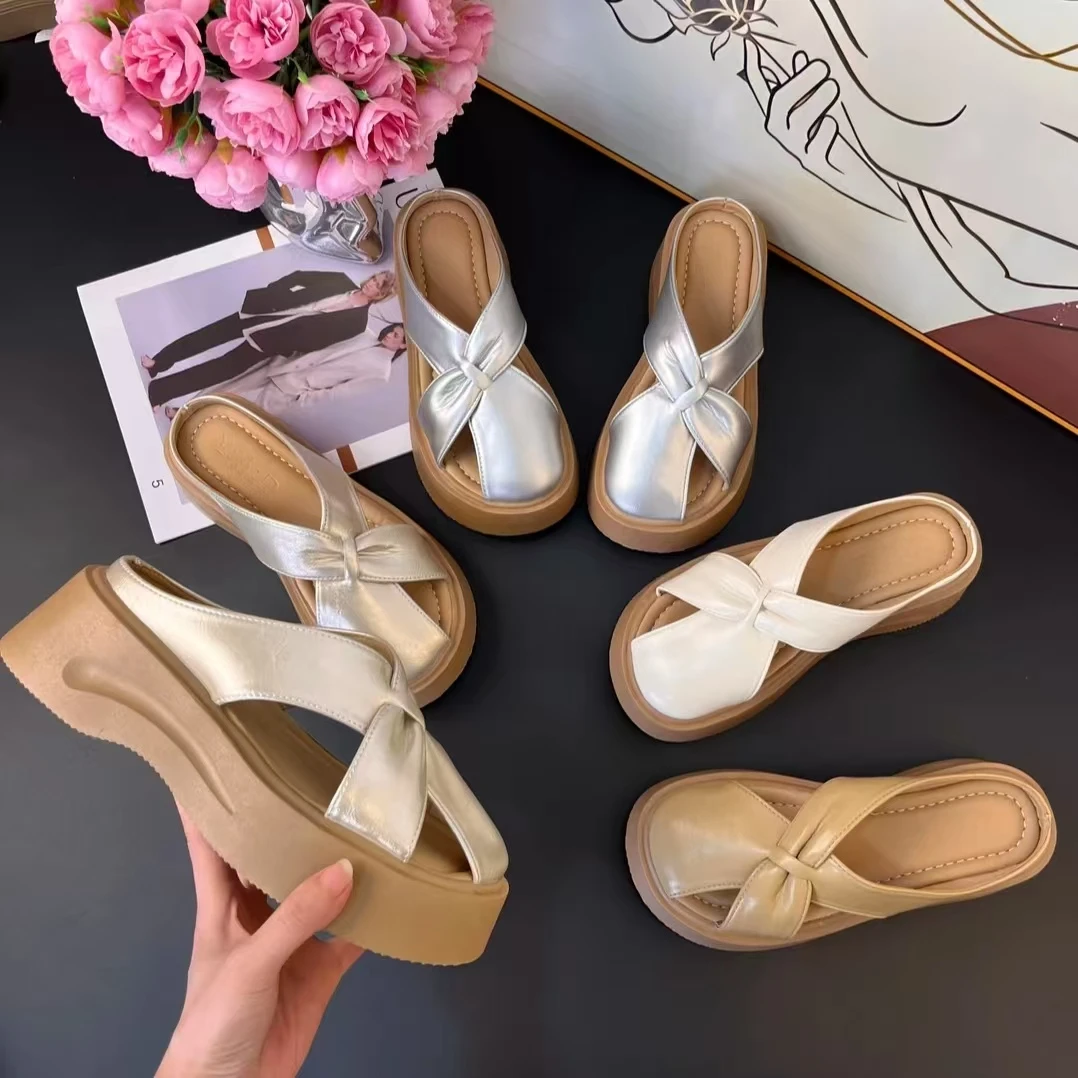 6CM夏季新款厚底包头交叉拼接软皮镂空懒人一脚蹬凉拖鞋女夏拖鞋