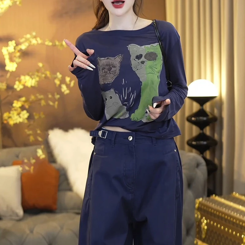 2025春夏新款猫咪印花长袖防晒衫T恤衫百搭上衣LK2503398