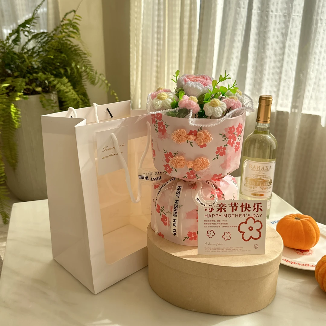 小香风纯手工针织毛线康乃馨玫瑰花束母亲节送妈妈长辈礼物