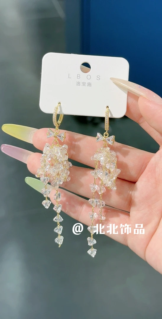 铜合金仿水晶耳饰 超仙气质蝴蝶结耳扣流苏耳环长款