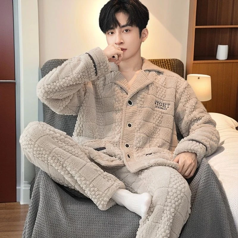 格子提花简约男士珊瑚绒睡衣大码加绒加厚保暖秋冬季冬款家居服