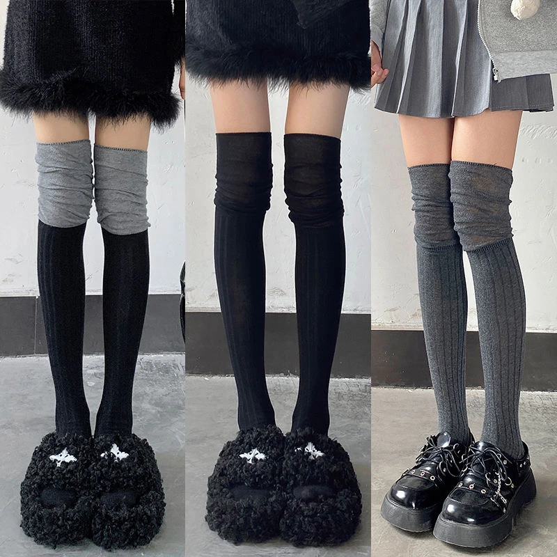 小腿袜袜子袜黑灰拼色春秋高筒袜JK拼接堆堆色竖条显瘦长秋冬夏