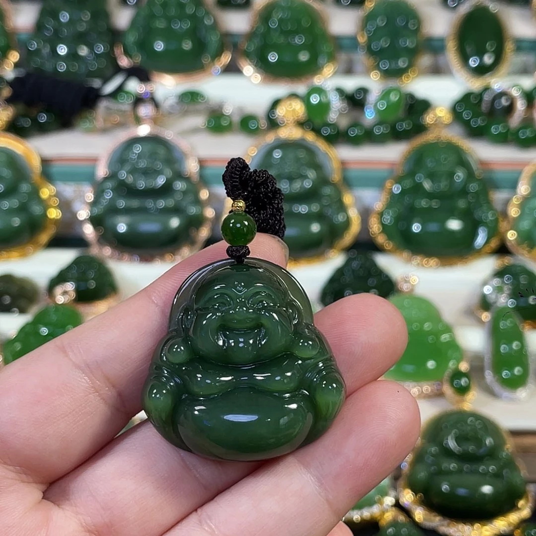 和田玉（碧玉）18K金镶嵌颈饰猫眼佛公35
