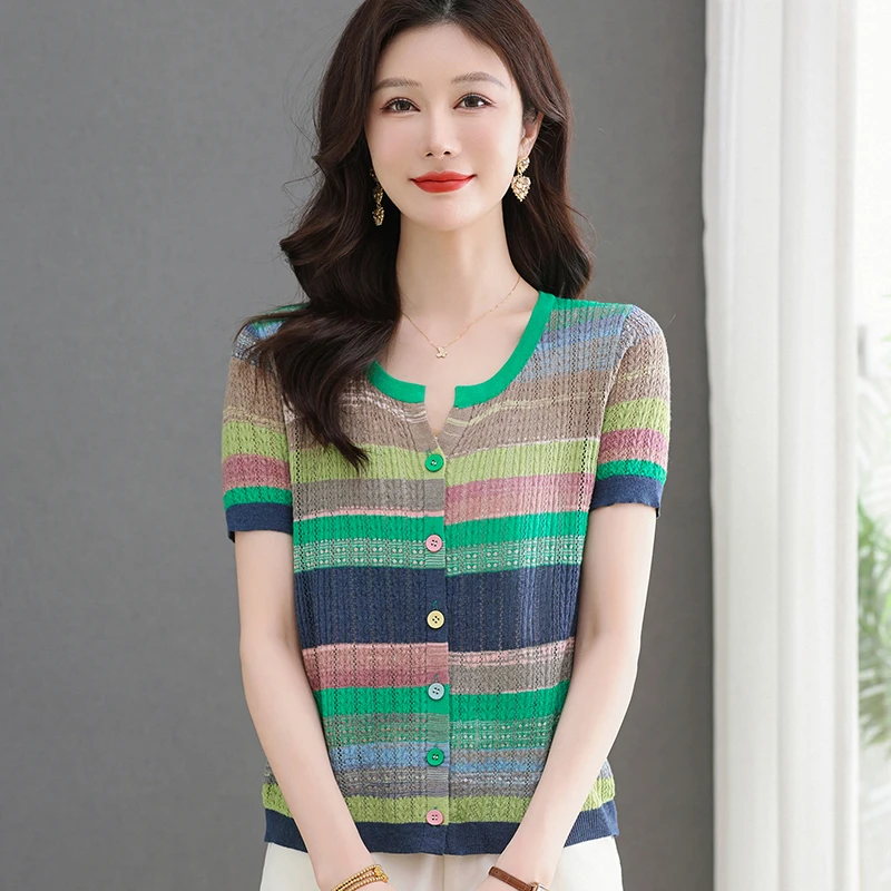 夏季新款彩色条纹针织开衫女短袖外套高级感气质短款半袖上衣外搭