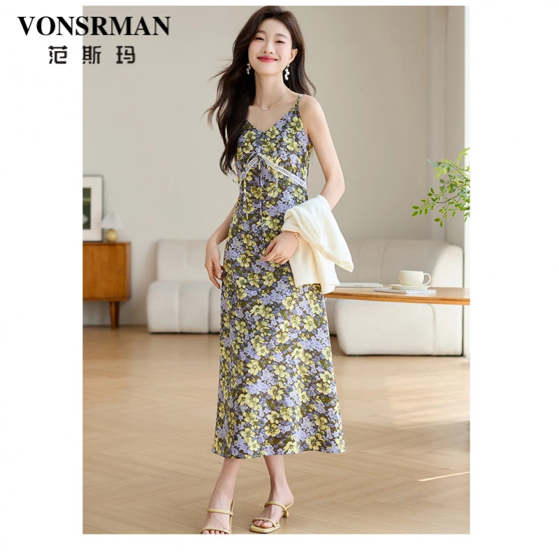 VONSRMAN法式碎花吊带连衣裙女2025夏季新款度假气质收腰显瘦a字