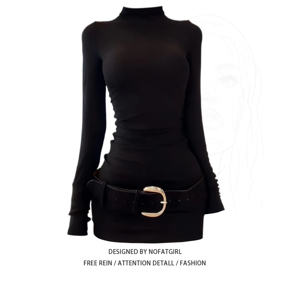 大码胖妹妹纯欲辣妹性感长袖赫本风连衣裙女秋冬修身显瘦打底短裙