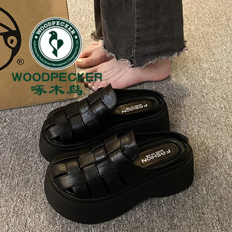 啄木鸟网红镂空编织包头半拖鞋女夏时尚百搭防滑厚底增高银色凉鞋