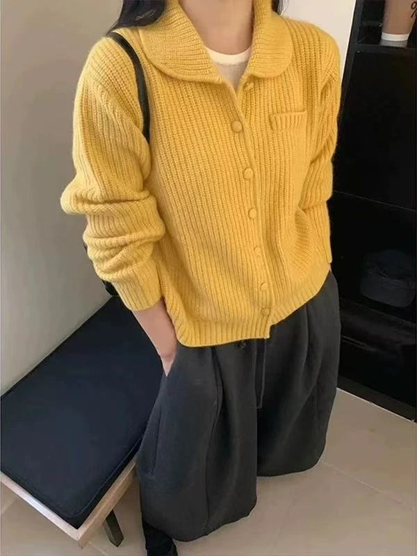 K2046 <香蕉牛乳> 韩版饺子家翻领纽扣针织开衫女
