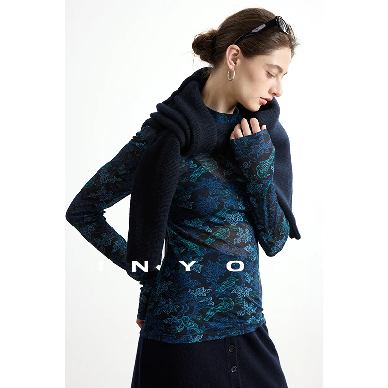 因由 原创定制高弹微透性感网纱长袖打底衫