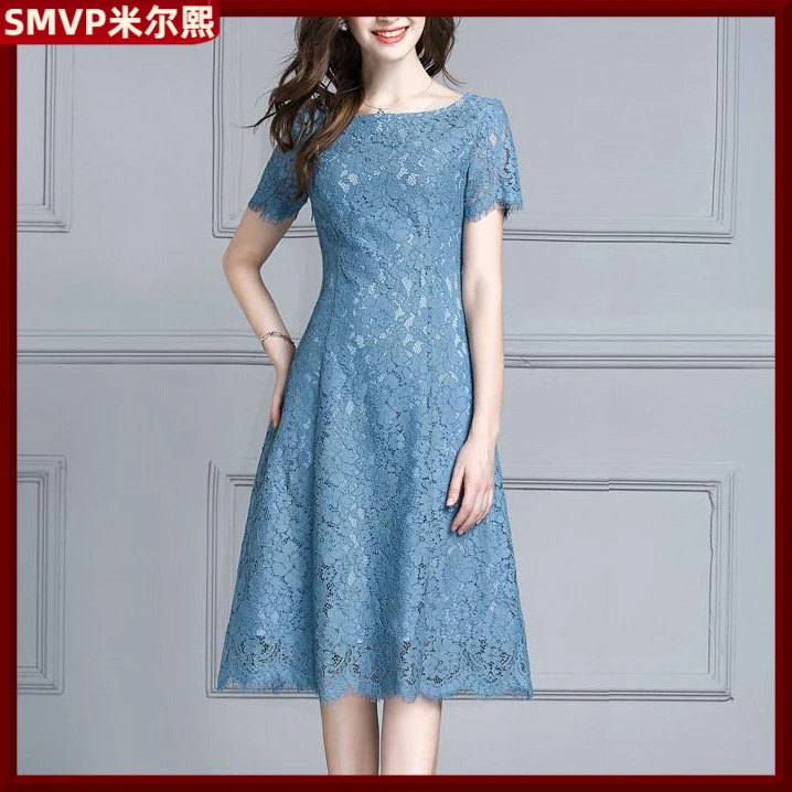 I大码女装雾霾蓝裙夏装新款气质通勤短袖A字裙修身显瘦连衣裙1