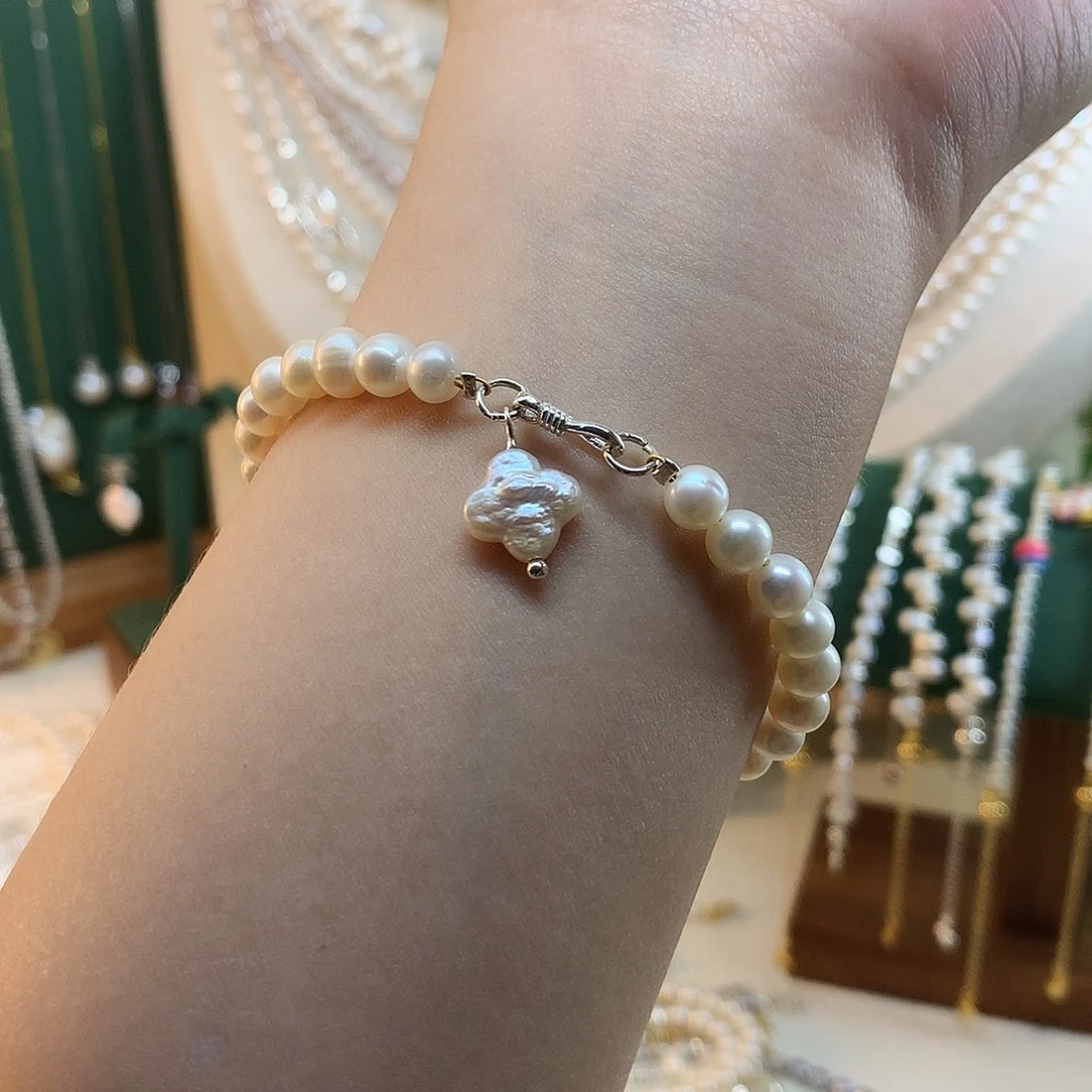 合金淡水珍珠四叶草手链