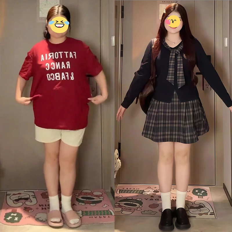 大码胖mm学院风秋季新款收腰长袖针织上衣显瘦格子半身裙两件套