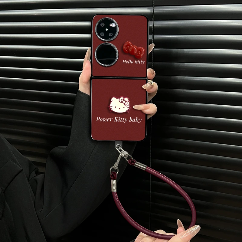 适用华为pocket2手机壳酒红猫猫小羊皮折叠壳全包保护套