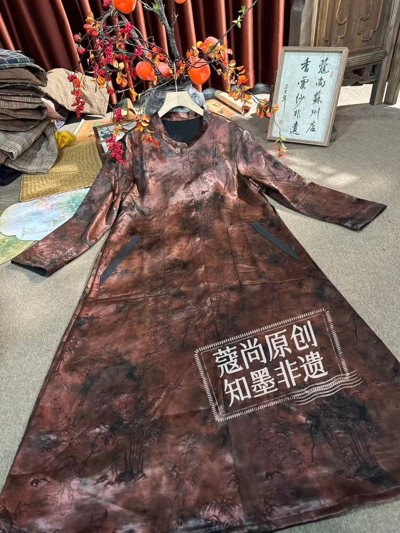 冬季新款新中式国风宽松显瘦立领老料油缎提花风衣外套