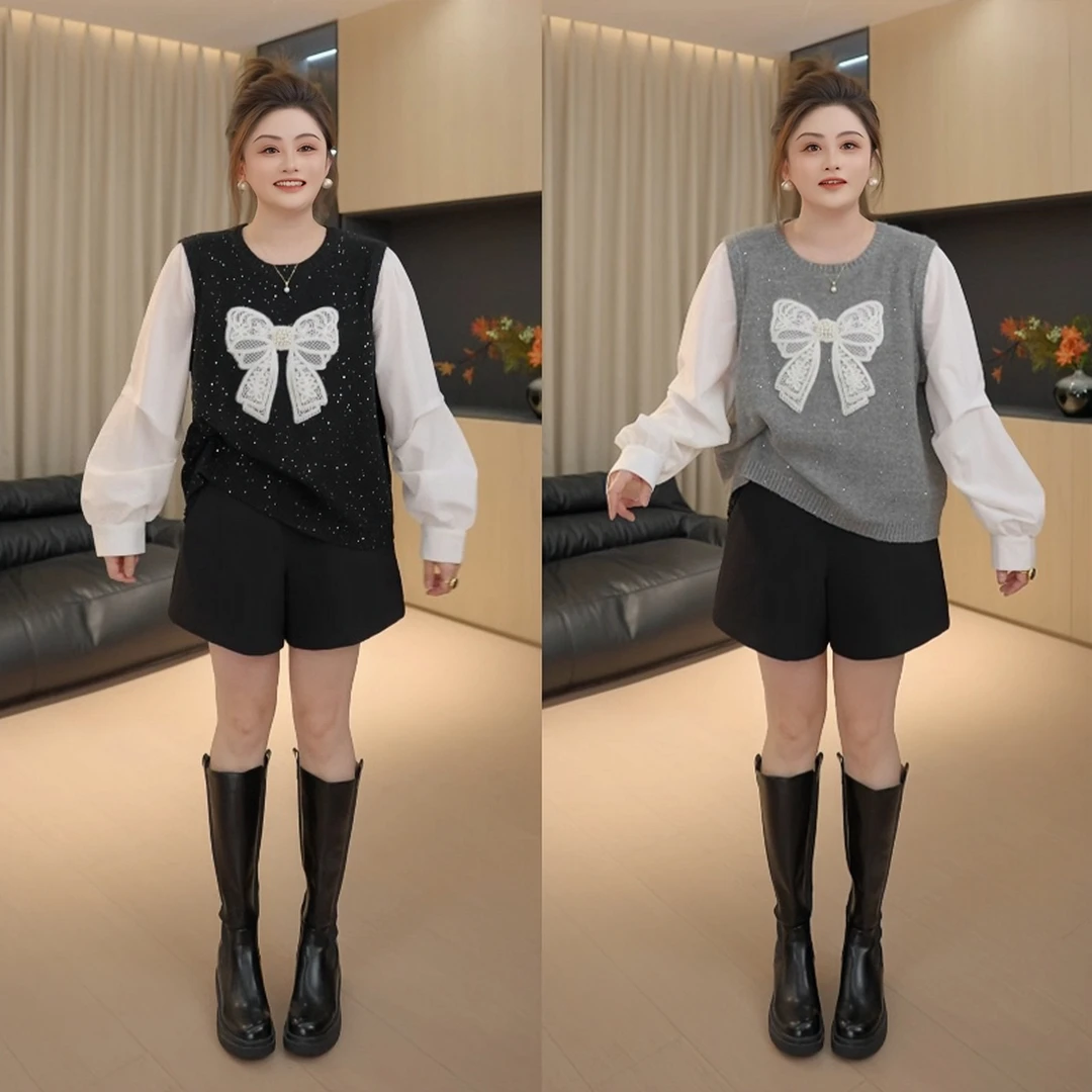 【胖佳佳】现货~珠片蝴蝶 假两件蕾丝拼接针织衫时尚百搭H625Z14547